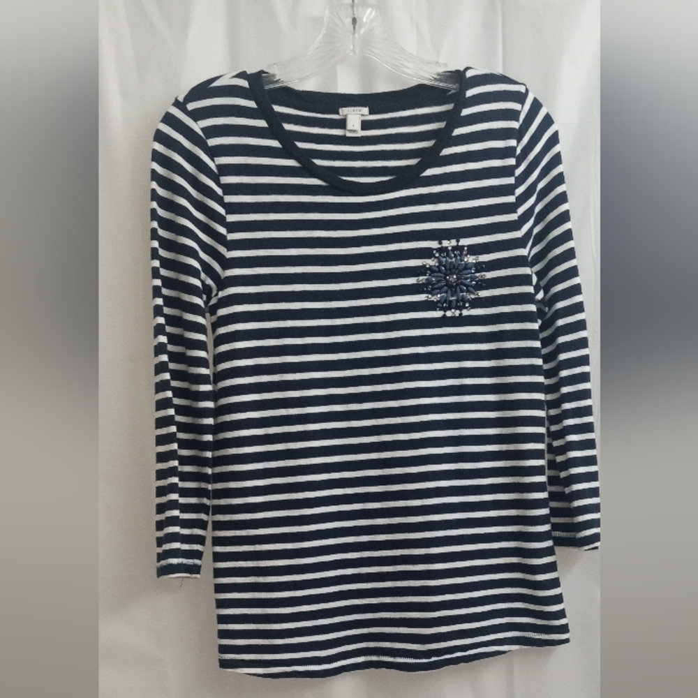 ∆-J.Crew Bejeweled Striped Long Sleeves  Cotton Top w/ Flower Brooch- SZ: S